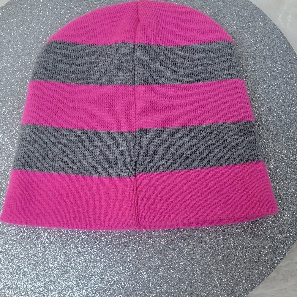 Disney Minnie Mouse Knit Beanie Hat Barbie Pink Grey Stripe Bling on Bow OSFM - Picture 4 of 8